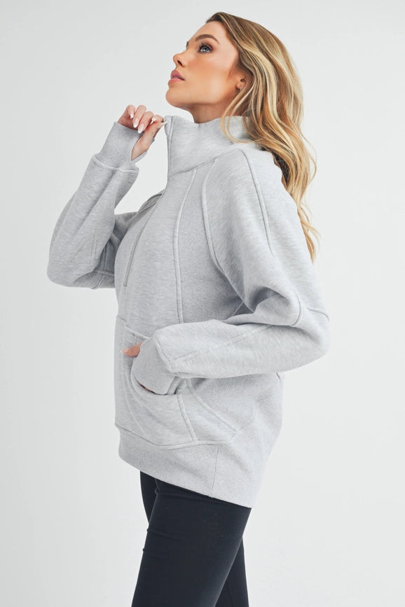 Long Dove Funnel Neck Half Zip Heather Gray-Pullover-AEMI + CO-S-Urbanheer