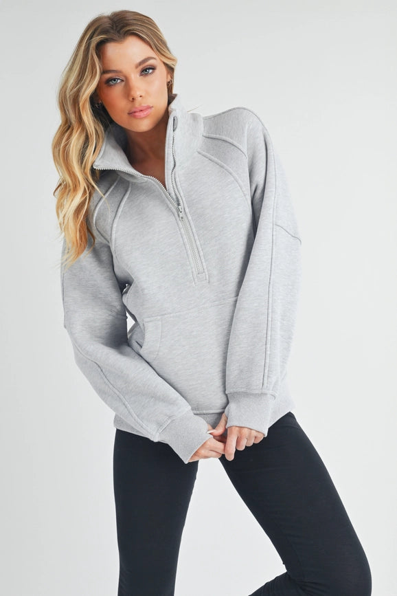 Long Dove Funnel Neck Half Zip Heather Gray-Pullover-AEMI + CO-S-Urbanheer