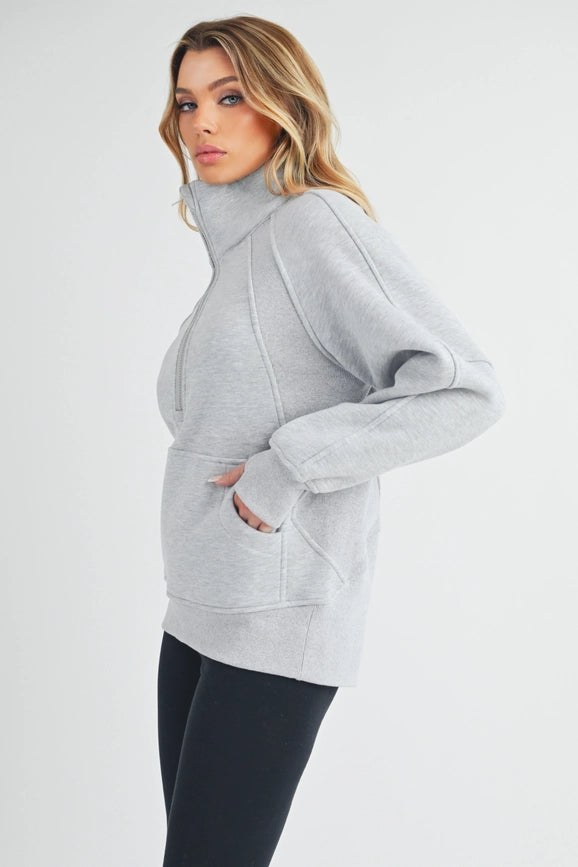 Long Dove Funnel Neck Half Zip Heather Gray-Pullover-AEMI + CO-S-Urbanheer