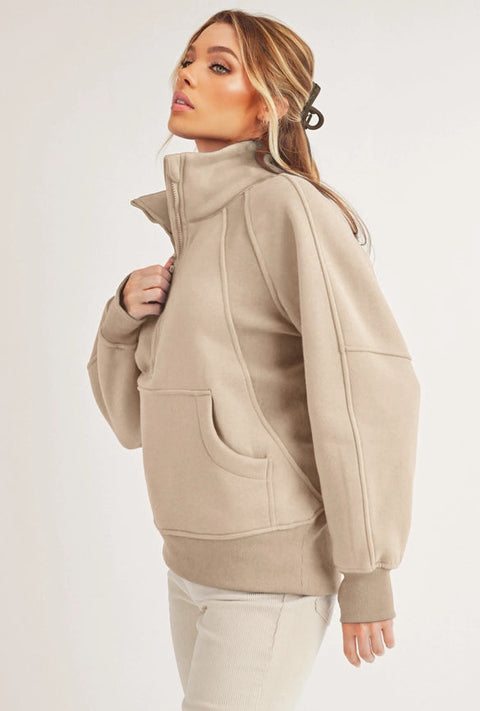 Long Dove Funnel Neck Half Zip Oat-Pullover-AEMI + CO-S-Urbanheer