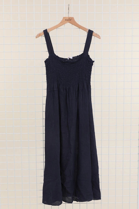 Long Dress With Ruffle Bust-Dress-NAÏS PARIS-One size-Navy Blue-Urbanheer