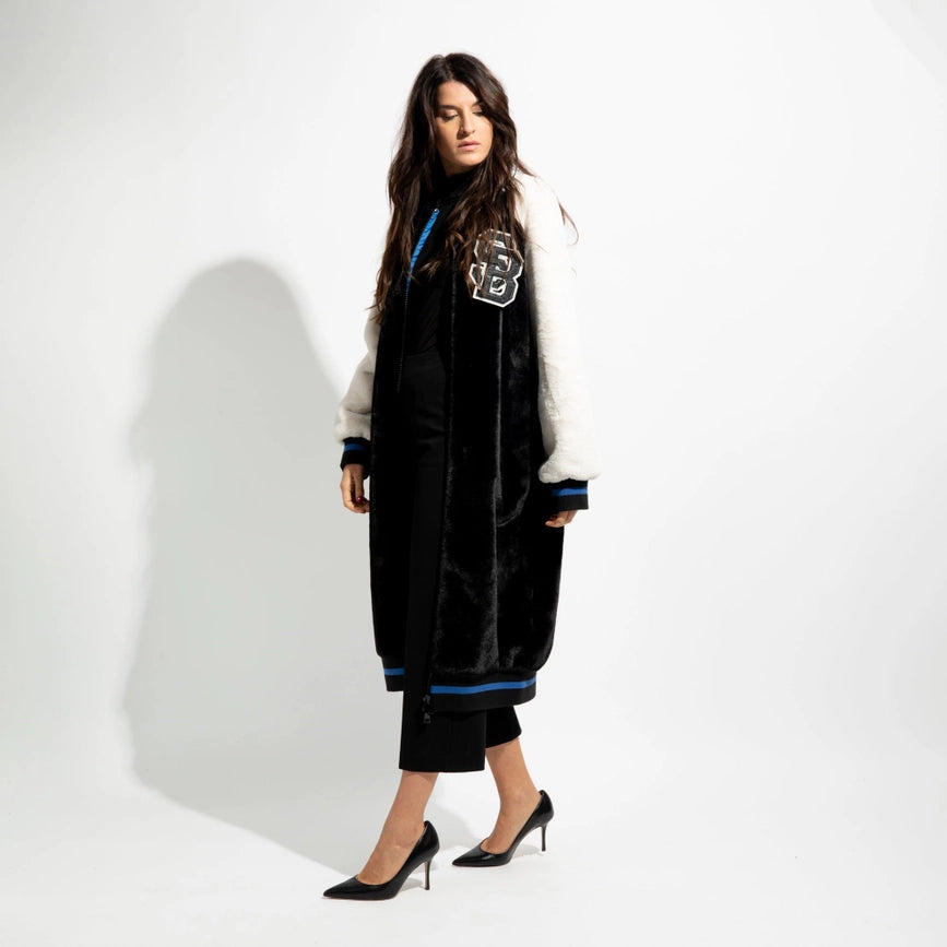 Long Eco-Fur Bomber Jacket-Jacket-simona bonacci-S-Black and cream-Urbanheer
