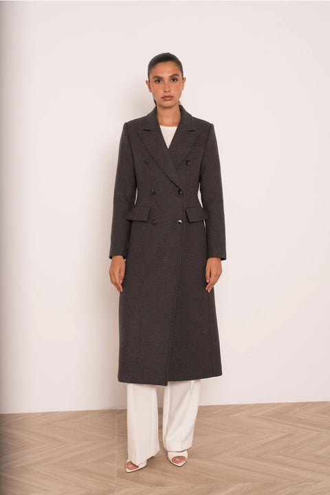 Long Fitted Double-Breasted Coat in A Wool Blend