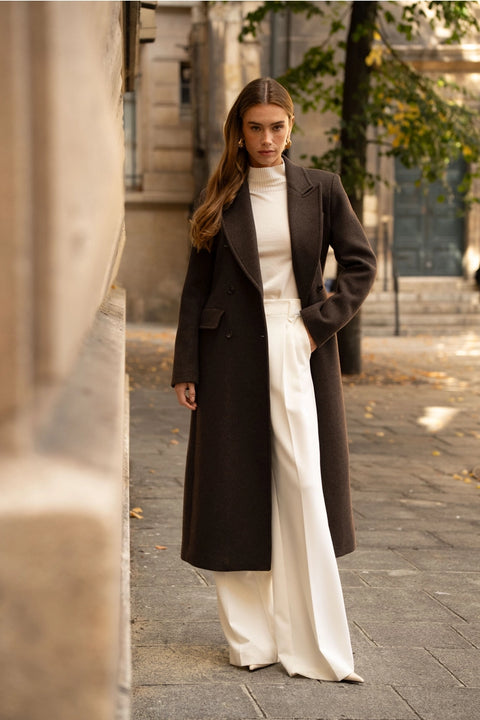 Long Fitted Double-Breasted Coat in A Wool Blend