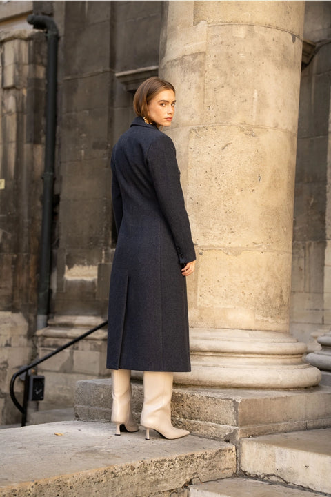 Long Fitted Double-Breasted Coat in A Wool Blend
