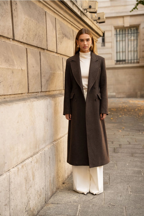 Long Fitted Double-Breasted Coat in A Wool Blend