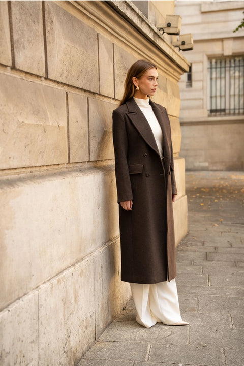 Long Fitted Double-Breasted Coat in A Wool Blend