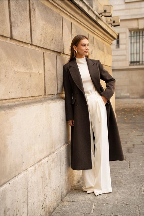 Long Fitted Double-Breasted Coat in A Wool Blend