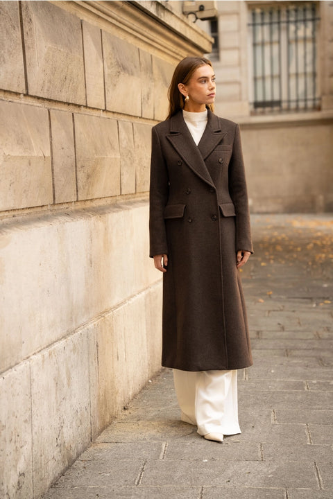 Long Fitted Double-Breasted Coat in A Wool Blend