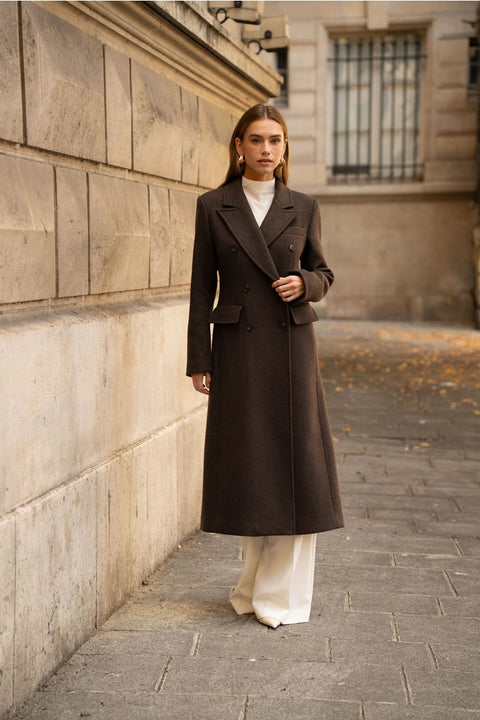 Long Fitted Double-Breasted Coat in A Wool Blend