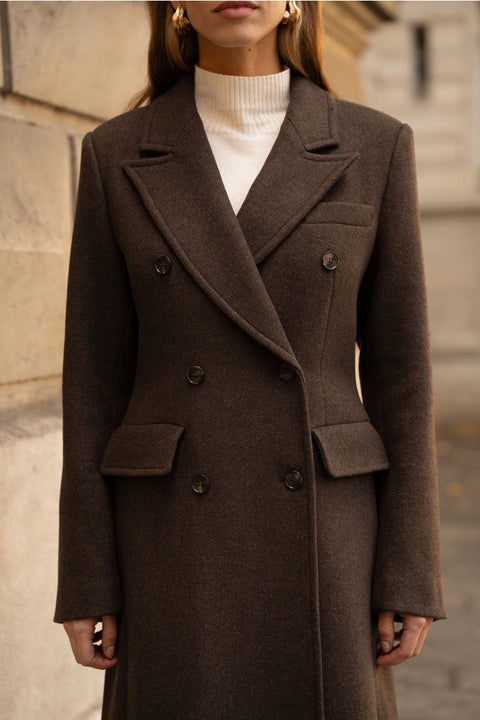 Long Fitted Double-Breasted Coat in A Wool Blend