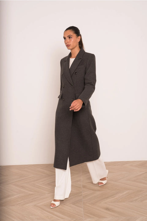 Long Fitted Double-Breasted Coat in A Wool Blend