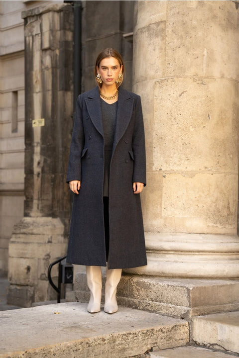 Long Fitted Double-Breasted Coat in A Wool Blend