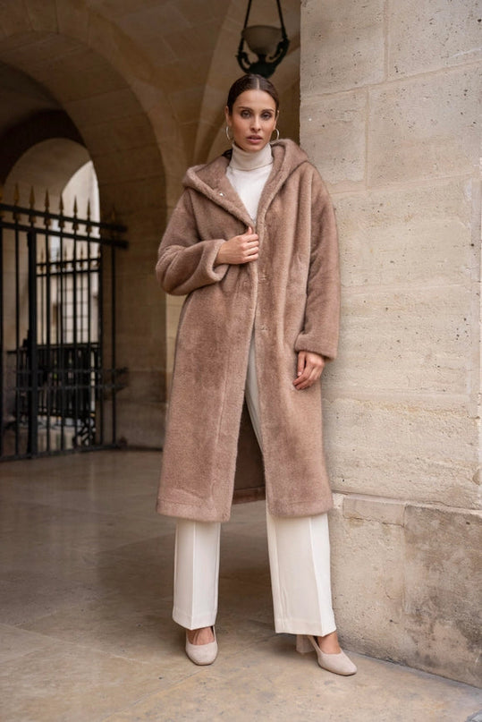 Long Hooded Synthetic Fur Coat Camel from Attentif Paris exclusive at Urbanheer