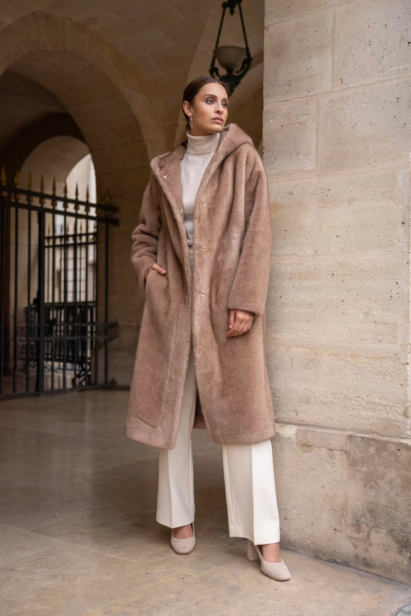 Long Hooded Synthetic Fur Coat Camel from Attentif Paris Exclusive at L