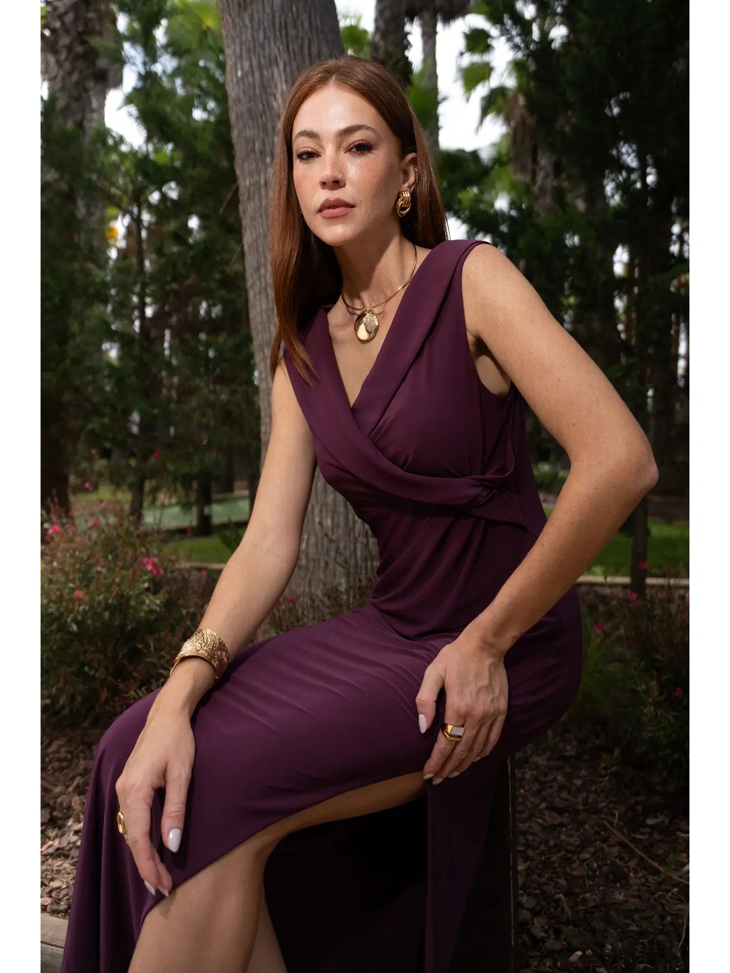 Long Knit Dress with V-Neckline and Knot Detail