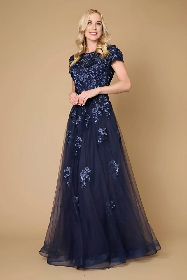 Long Lace Navy Mother of the Bride Dress-Dress-Dylan & Davids-M-Navy-Urbanheer
