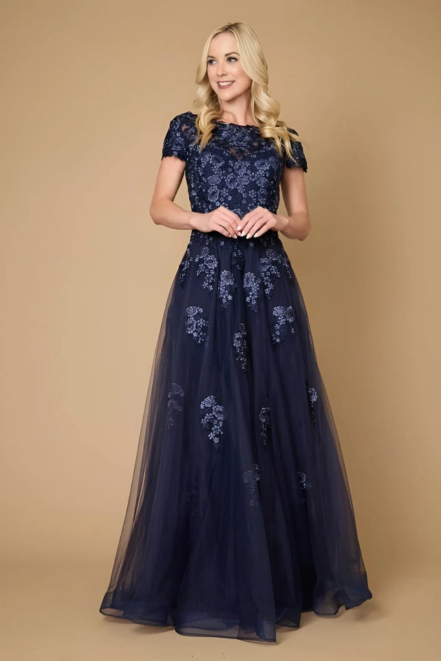 Long Lace Navy Mother of the Bride Dress-Dress-Dylan & Davids-M-Navy-Urbanheer