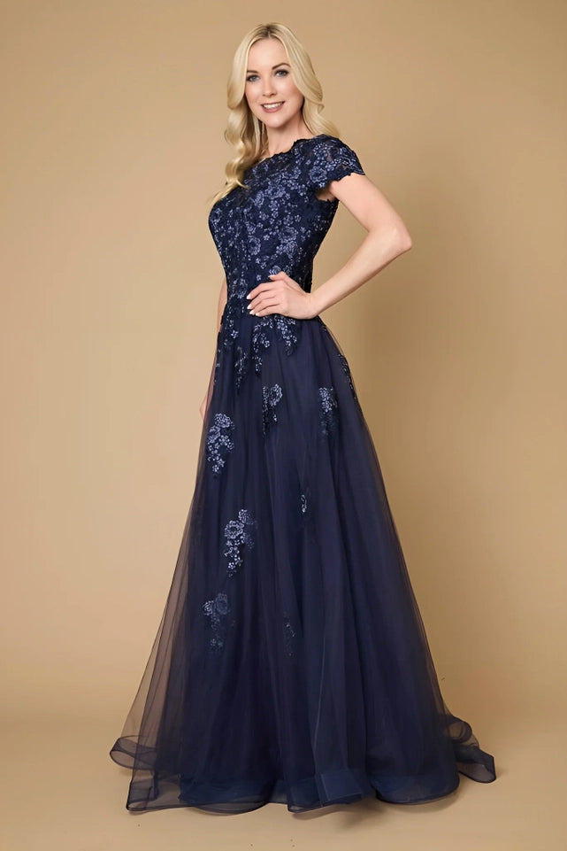 Long Lace Navy Mother of the Bride Dress-Dress-Dylan & Davids-M-Navy-Urbanheer