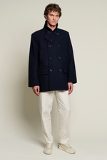 Long Men’s Coat with Double-Breasted Closure and Custom Buttons