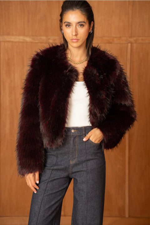 Long-Pile Faux-Fur Jacket with Round Neckline