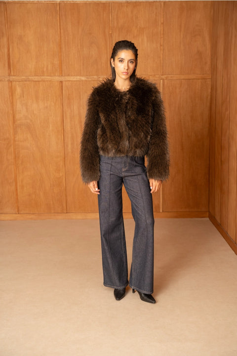 Long-Pile Faux-Fur Jacket with Round Neckline