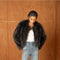 Long-Pile Faux-Fur Jacket with Round Neckline