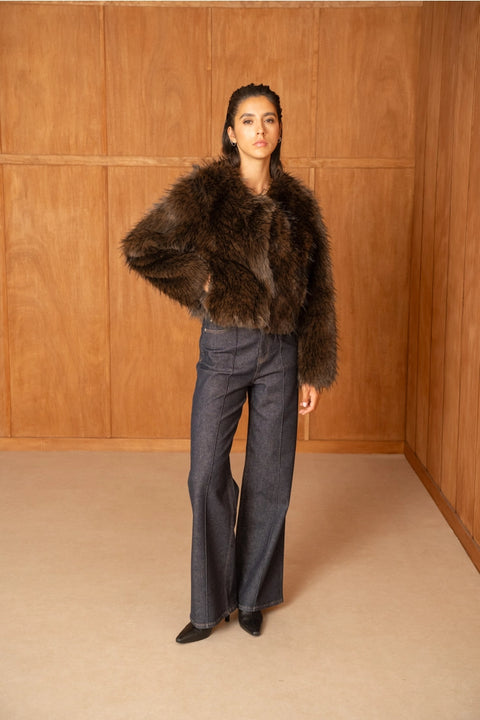 Long-Pile Faux-Fur Jacket with Round Neckline