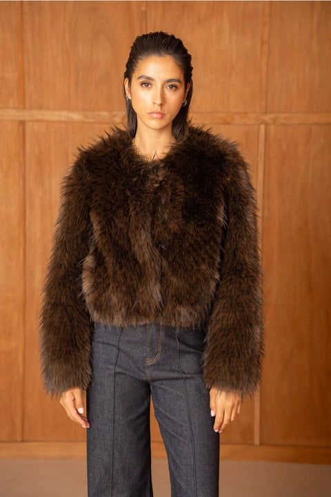 Long-Pile Faux-Fur Jacket with Round Neckline