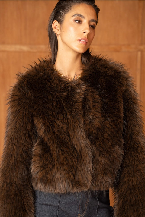 Long-Pile Faux-Fur Jacket with Round Neckline