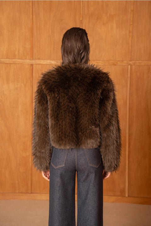 Long-Pile Faux-Fur Jacket with Round Neckline