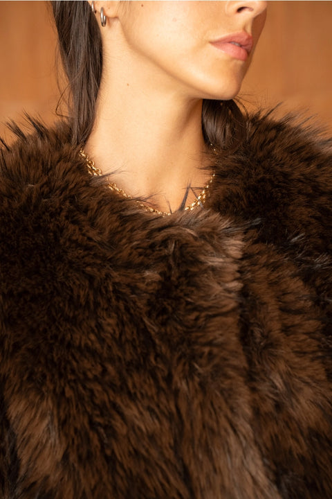 Long-Pile Faux-Fur Jacket with Round Neckline