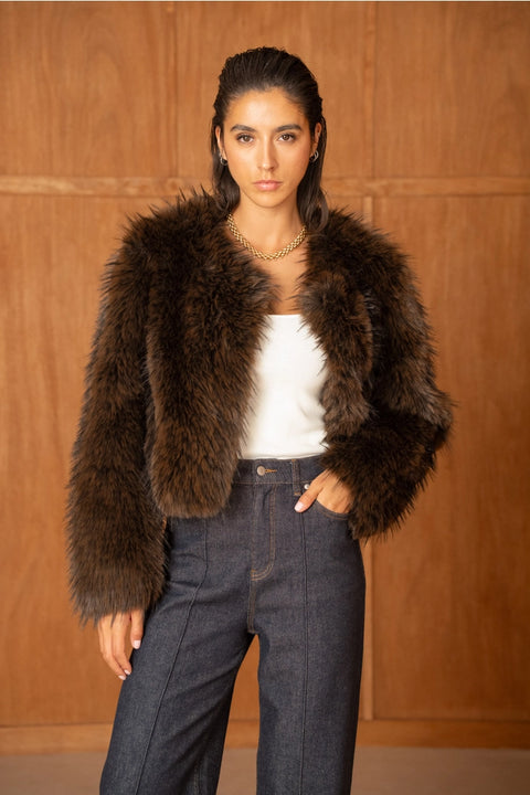 Long-Pile Faux-Fur Jacket with Round Neckline