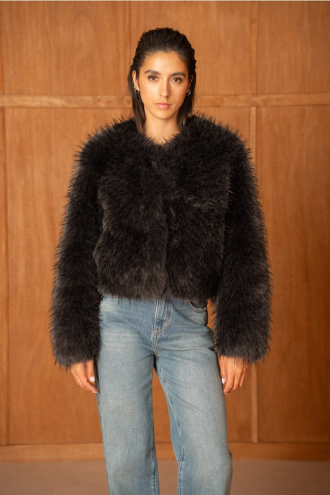Long-Pile Faux-Fur Jacket with Round Neckline