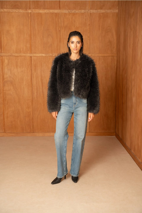 Long-Pile Faux-Fur Jacket with Round Neckline
