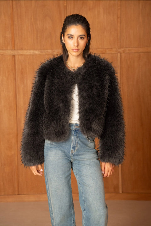 Long-Pile Faux-Fur Jacket with Round Neckline