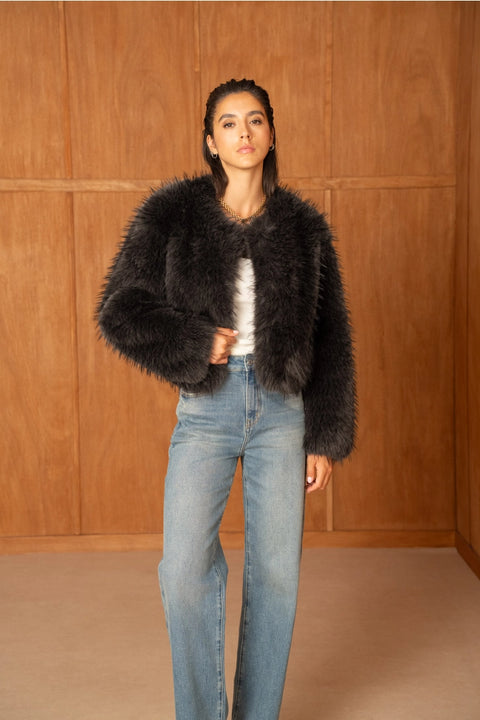 Long-Pile Faux-Fur Jacket with Round Neckline