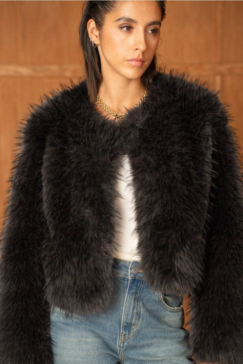 Long-Pile Faux-Fur Jacket with Round Neckline