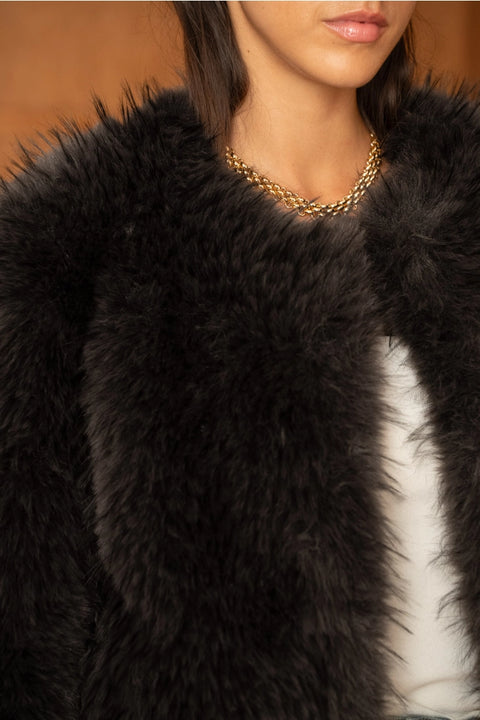 Long-Pile Faux-Fur Jacket with Round Neckline
