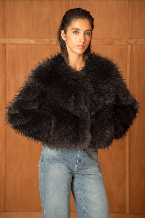 Long-Pile Faux-Fur Jacket with Round Neckline