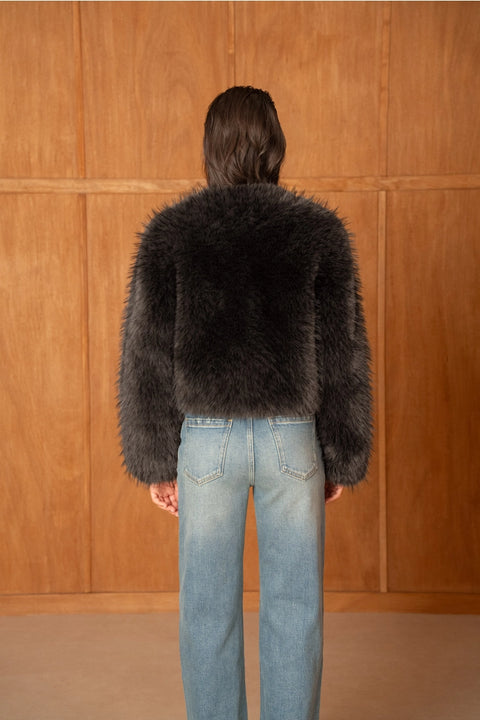 Long-Pile Faux-Fur Jacket with Round Neckline