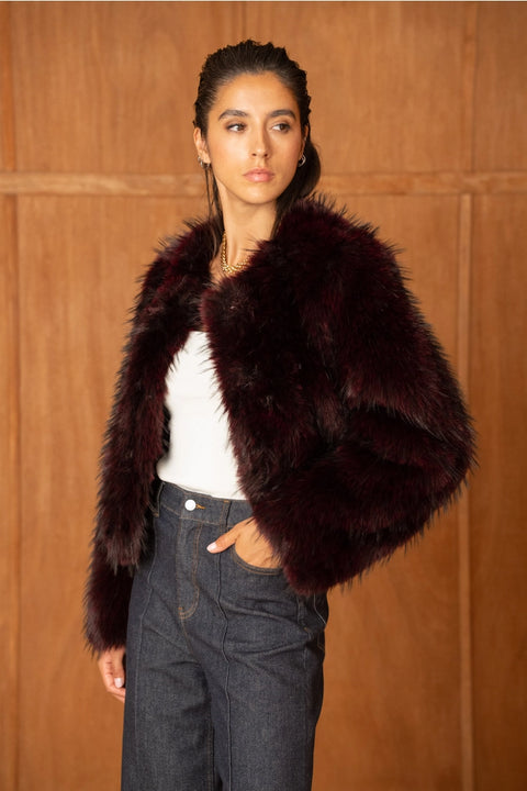 Long-Pile Faux-Fur Jacket with Round Neckline