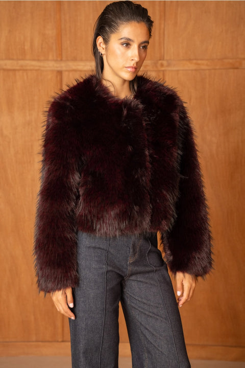 Long-Pile Faux-Fur Jacket with Round Neckline