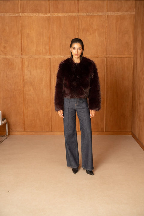 Long-Pile Faux-Fur Jacket with Round Neckline