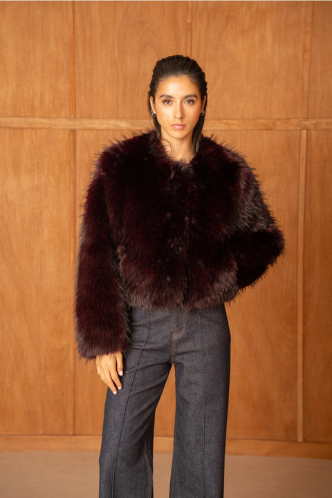 Long-Pile Faux-Fur Jacket with Round Neckline