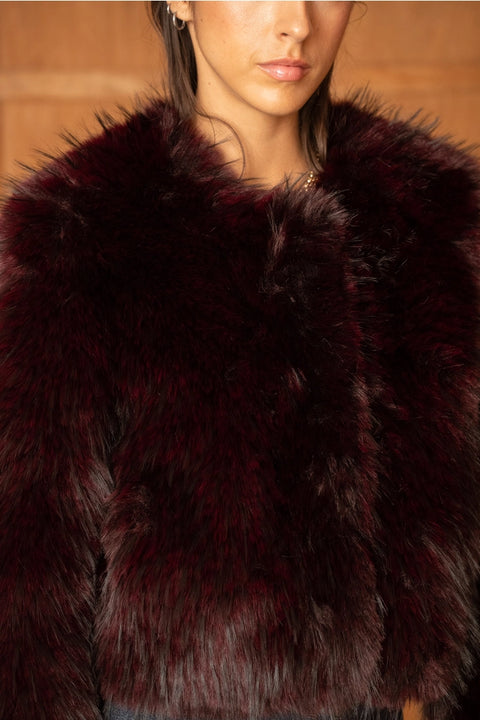 Long-Pile Faux-Fur Jacket with Round Neckline