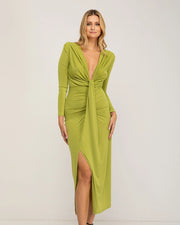 Long Plain Draped Dress with A Pi-Neck Neckline-Dress-Tantra-S-GREEN-Urbanheer