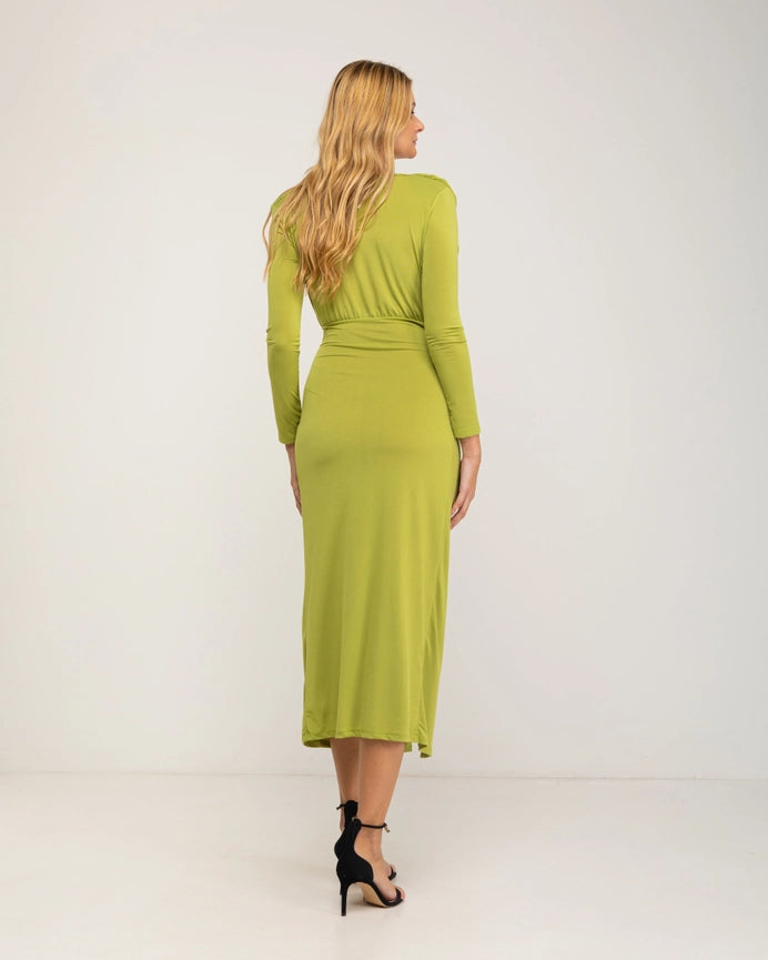 Long Plain Draped Dress with A Pi-Neck Neckline-Dress-Tantra-S-GREEN-Urbanheer