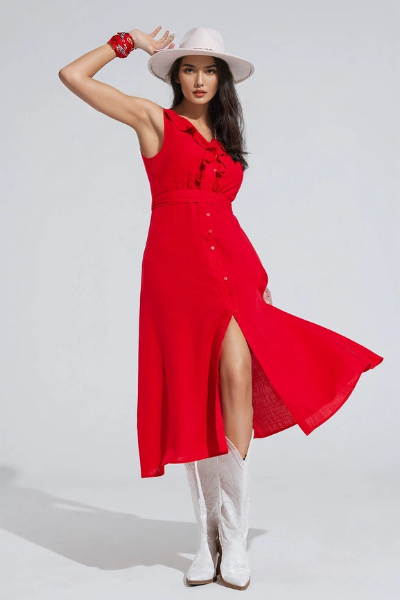 Long Red Dress with Ruffle and Button Detail-Dress-Q2-S-Red-Urbanheer