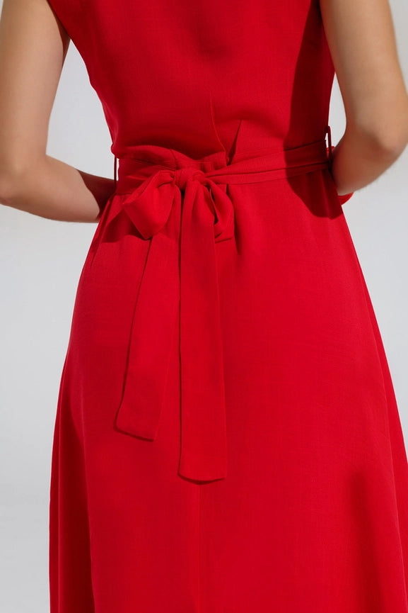 Long Red Dress with Ruffle and Button Detail-Dress-Q2-S-Red-Urbanheer